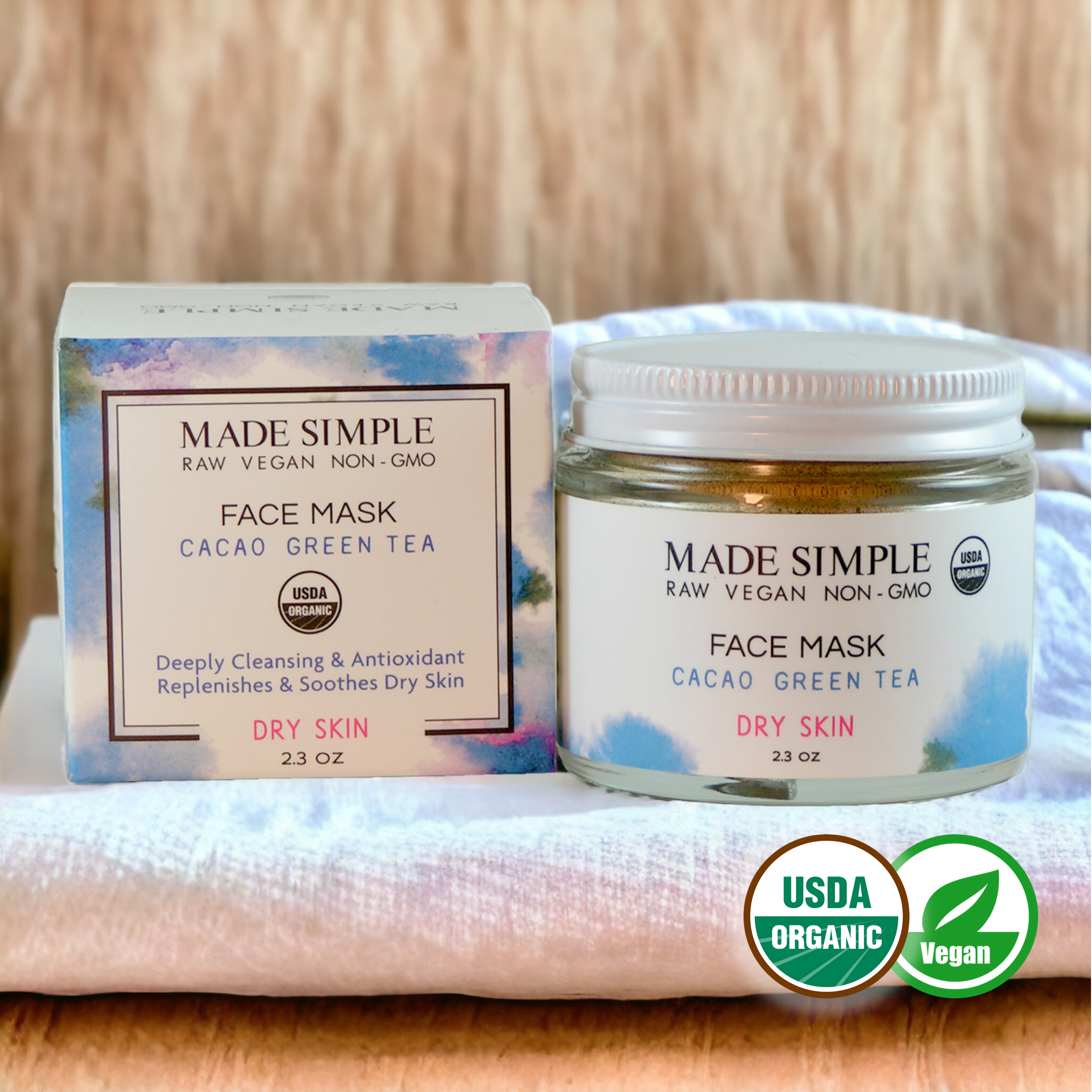 Cacao Green Tea Face Mask for Dry Skin - Certified Organic, Vegan & Cruelty-free