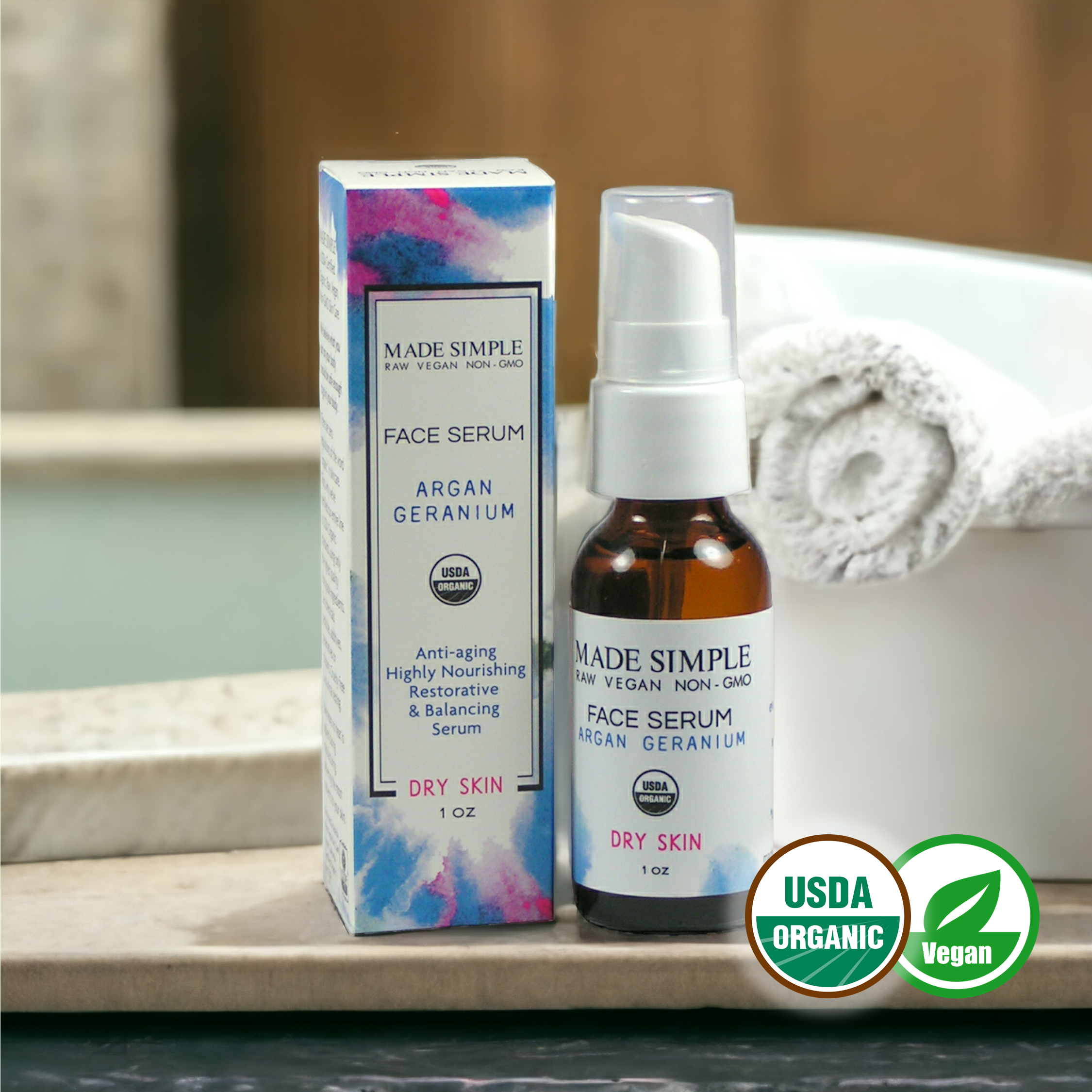 Argan Geranium Face Serum for Dry Skin - Certified Organic. Vegan & Cruelty-free